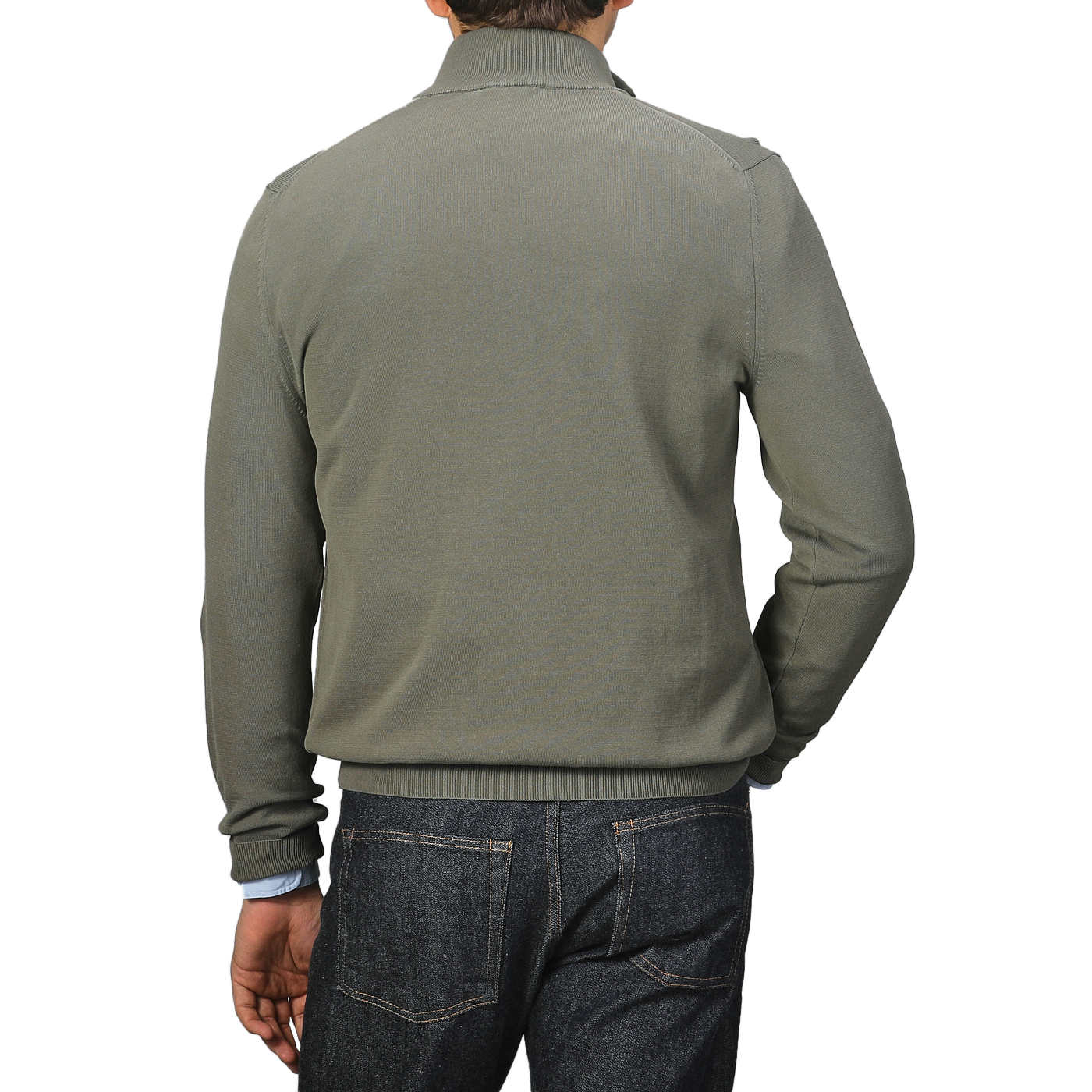 A man in a gray jacket and dark jeans, viewed from the back on a plain background, subtly contrasts with the Zanone Olive Green Crepe Cotton 1/4 Zip Sweater layered underneath.