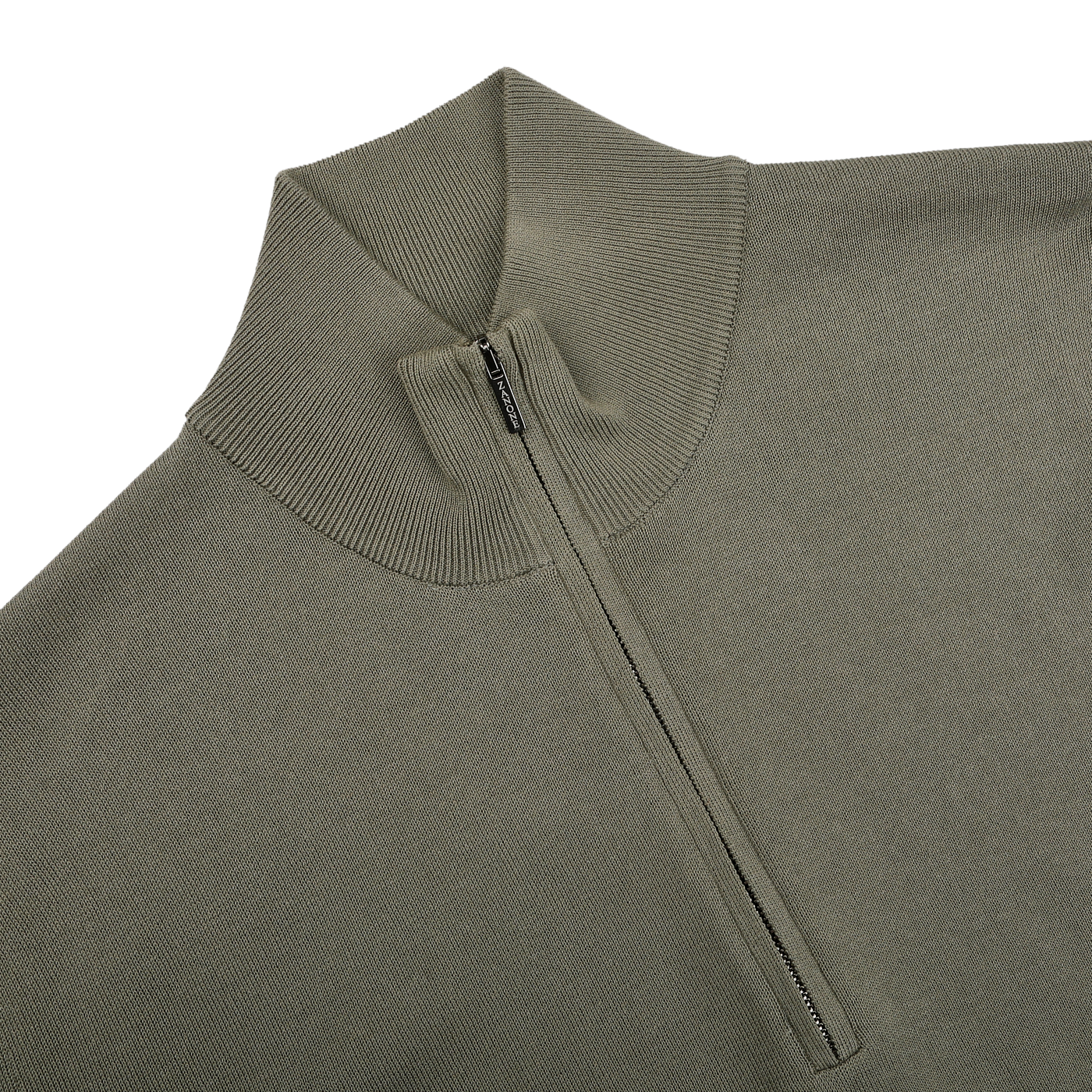 The Zanone Olive Green Crepe Cotton 1/4 Zip Sweater, featuring a stylish high collar, lies flat against the white background.