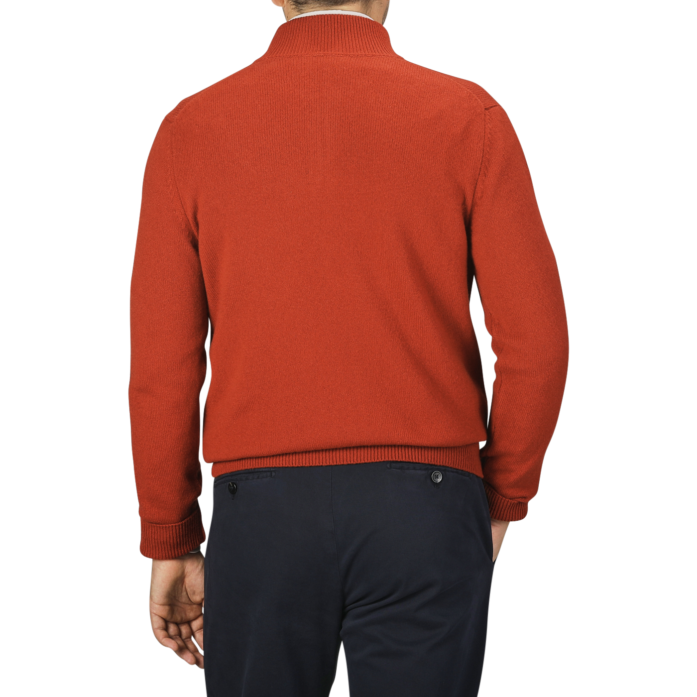 A person wearing a Zanone Rust Red Wool Quarter Zip Sweater and dark blue pants is shown from the back against a plain background.