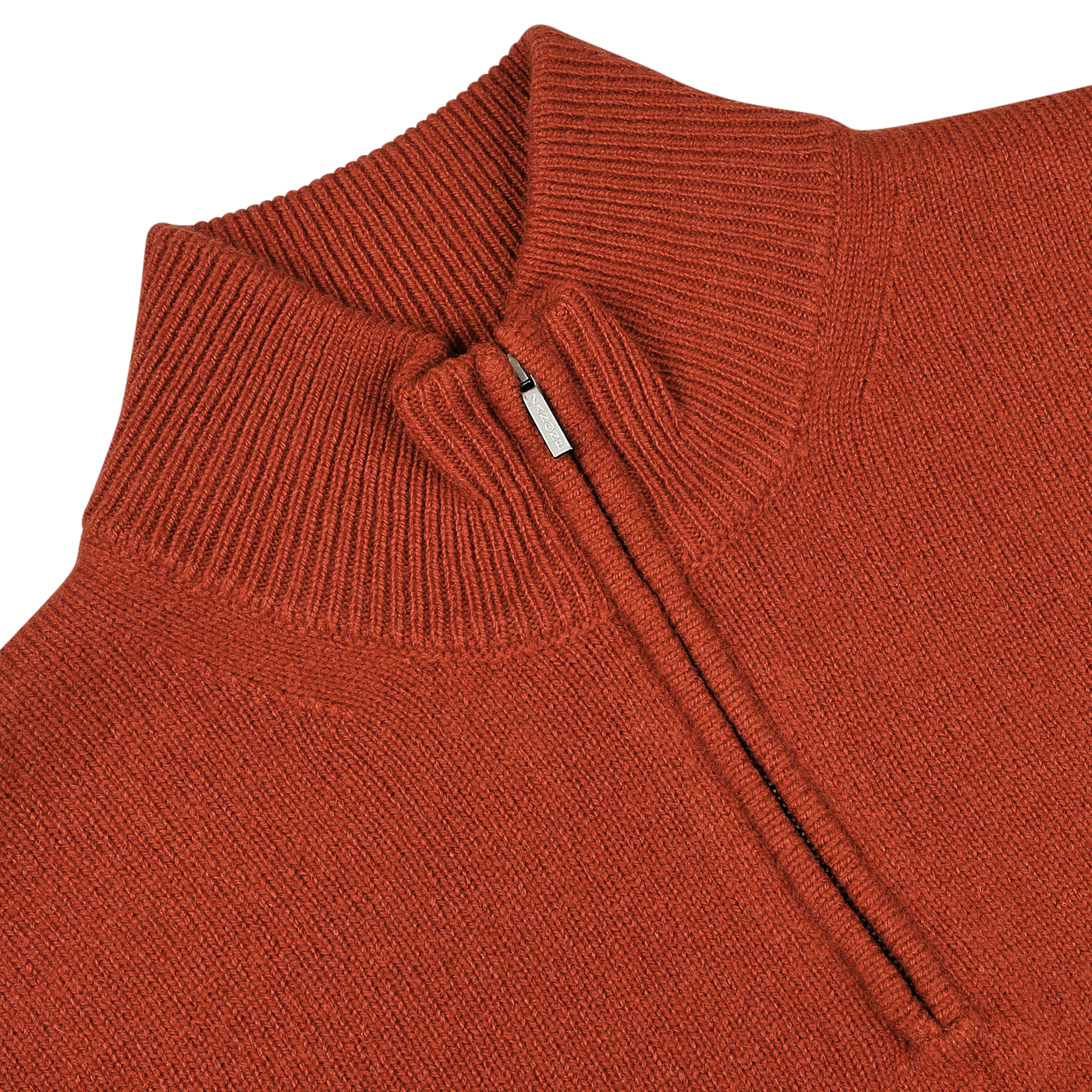 Close-up image of Zanone's Rust Red Wool Quarter Zip Sweater featuring a partially open zipper that reveals the ribbed texture of its virgin wool fabric.