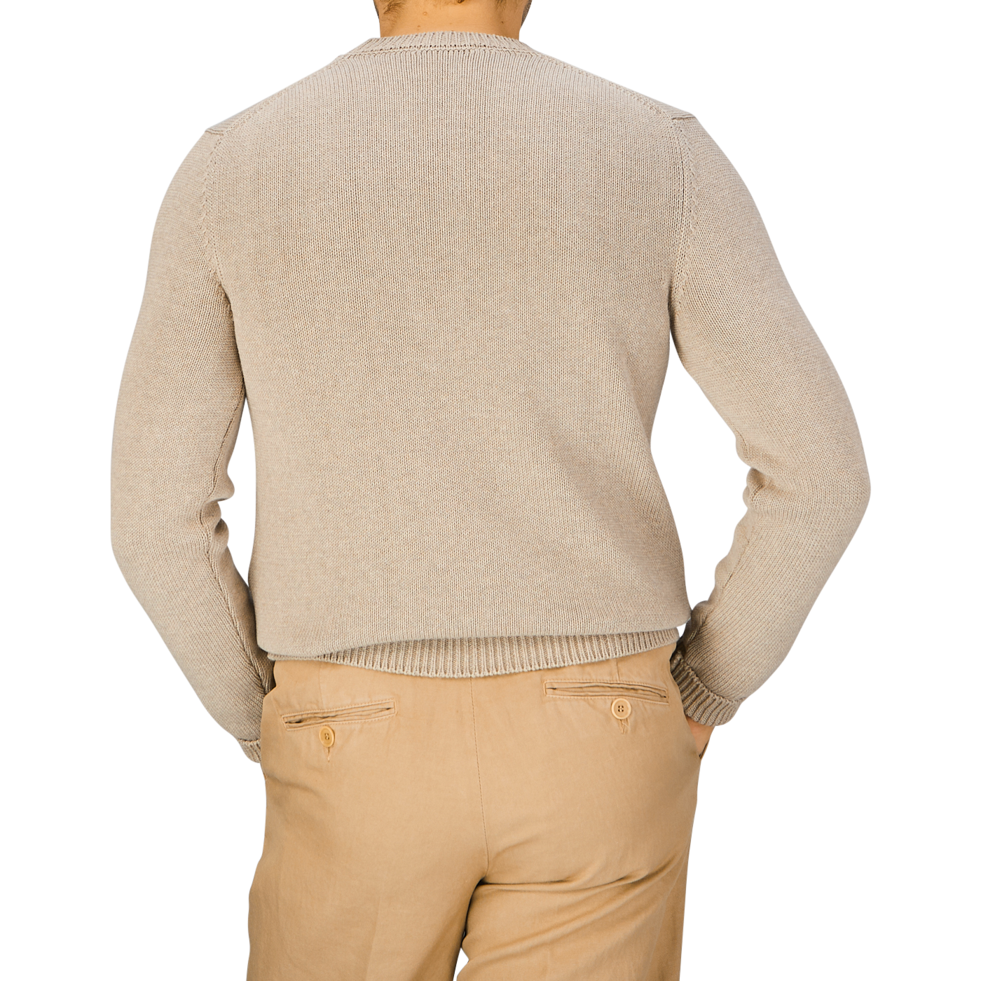 The back view of a man wearing tan pants and a Zanone Taupe Beige Cotton Crew Neck Sweater.