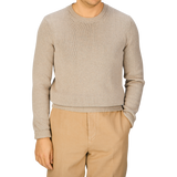A man wearing a Zanone taupe beige cotton crew neck sweater and tan pants.