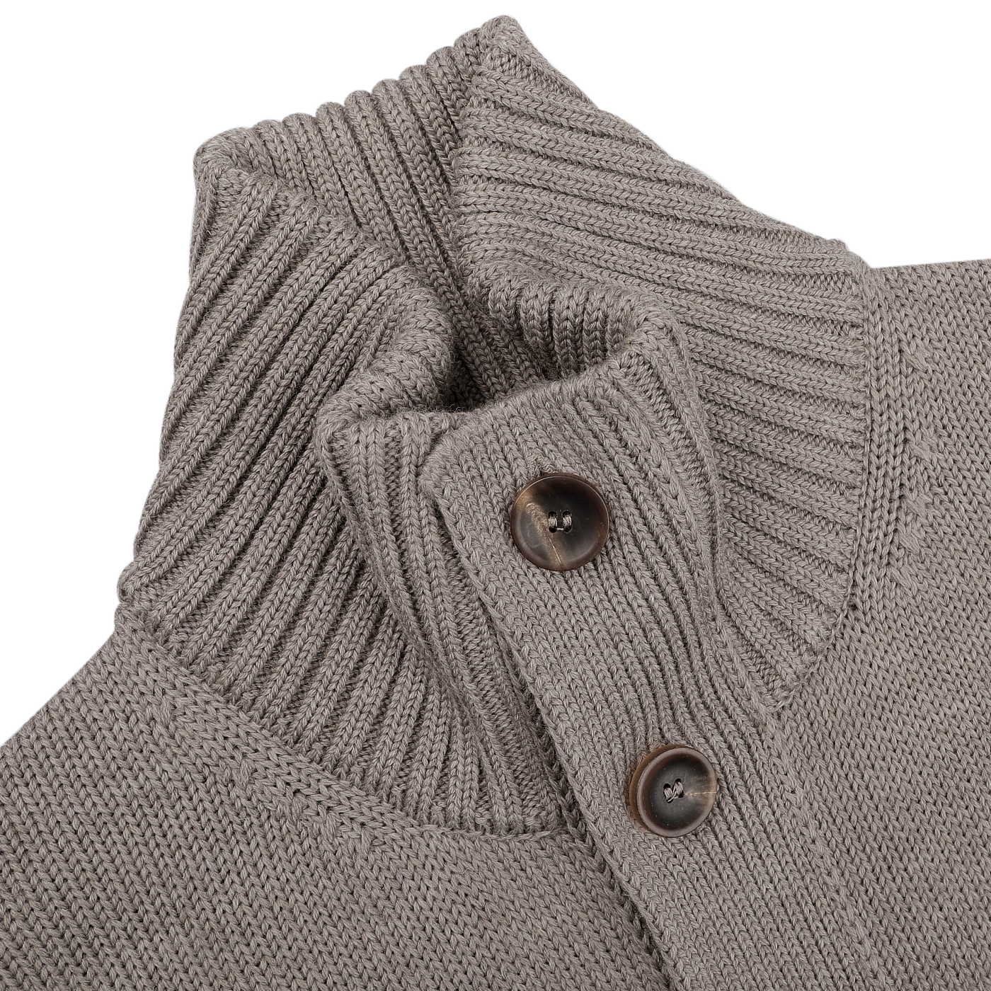 Close-up of a Zanone cardigan showcasing a taupe beige merino wool texture with a high collar and two dark buttons.