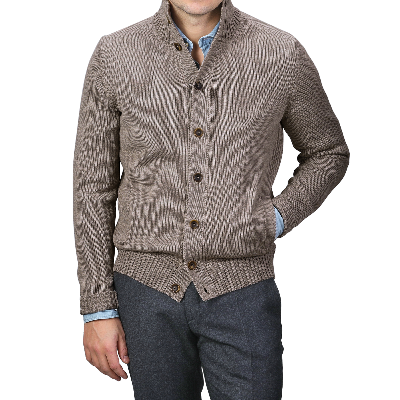 A man wearing a Zanone Taupe Beige Merino Wool Button Cardigan over a blue shirt with gray pants.