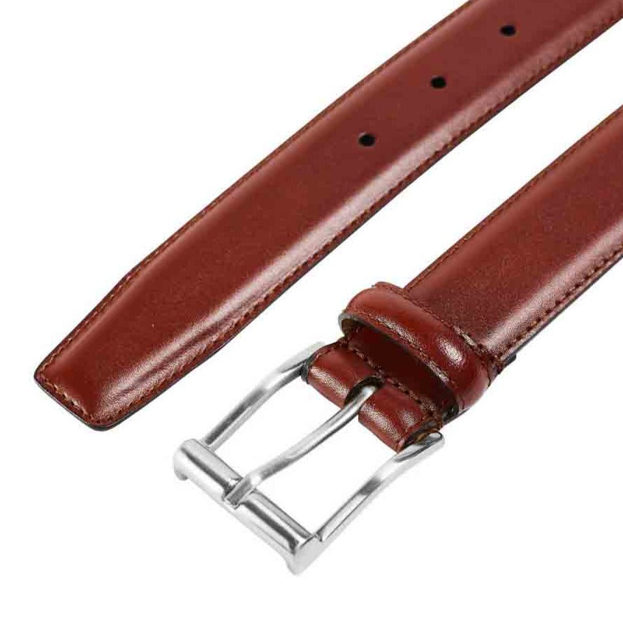 Belt in chestnut calf with silver buckle branded Crockett & Jones