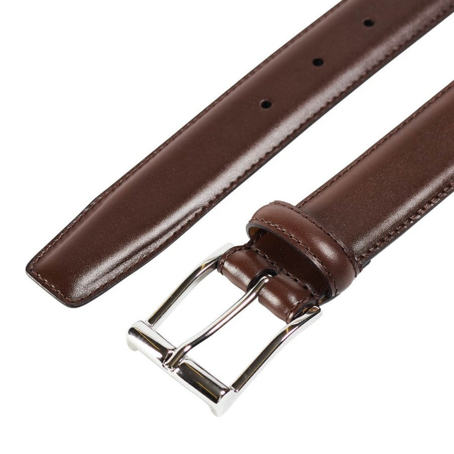 Belt in dark brown calf with silver buckle branded Crockett & Jones