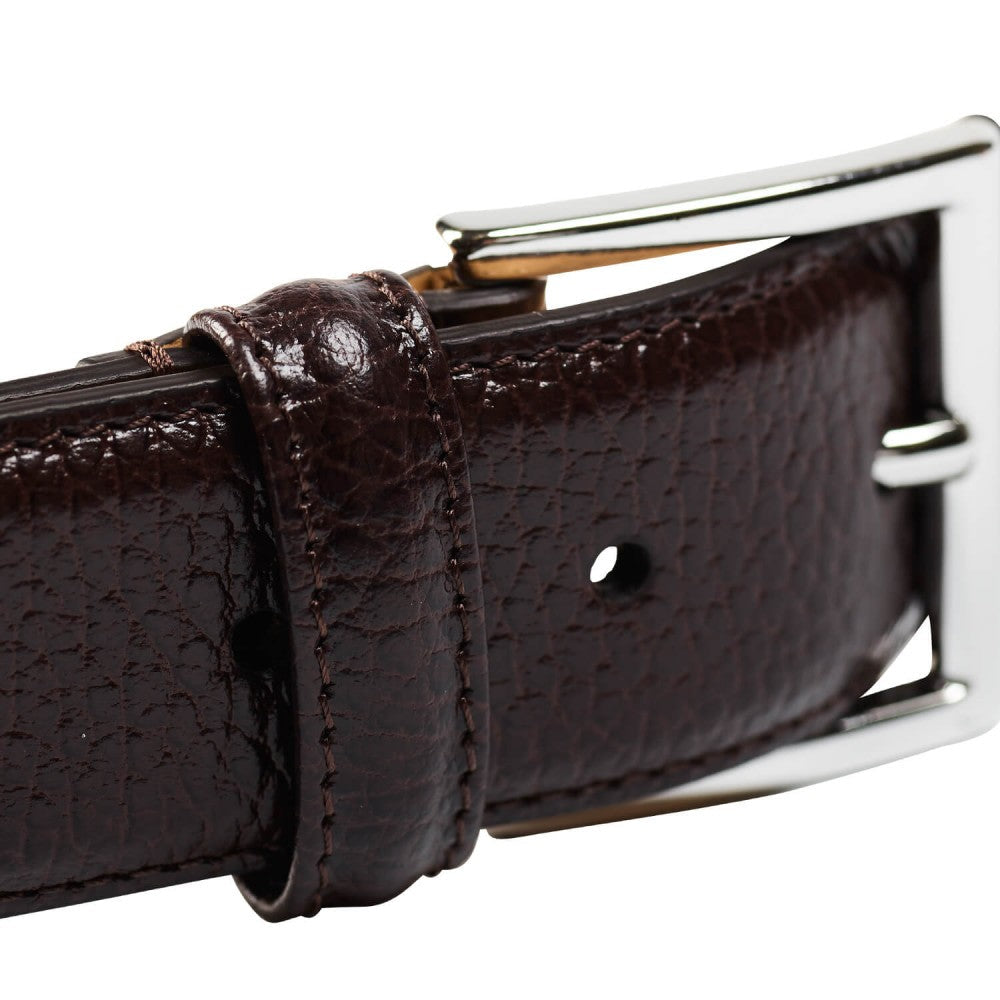 Belt in dark brown scotch grain with silver buckle branded Crockett & Jones