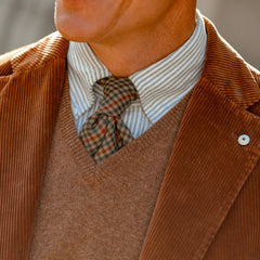 Close-up of a person wearing a brown corduroy blazer, a light brown sweater, a striped shirt, and a patterned tie. The person is smiling, showcasing the Light Green Micro Gunclub Checked 7-Fold Wool Tie by Dreaming Of Monday.