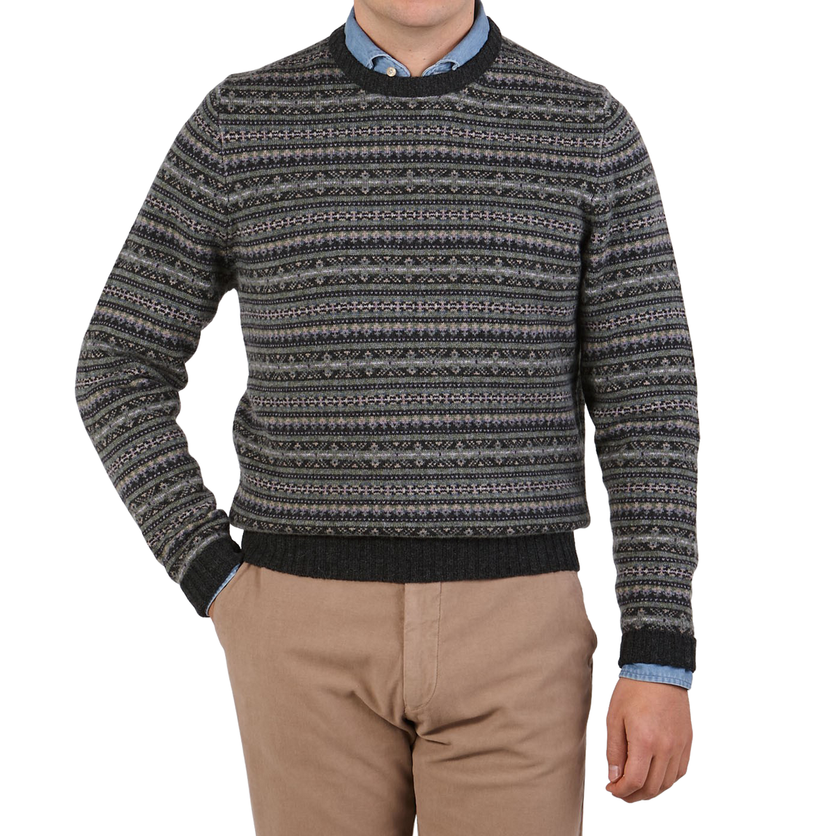 Alan Paine Charcoal Towthorpe Fairisle Lambswool Crew Neck Front