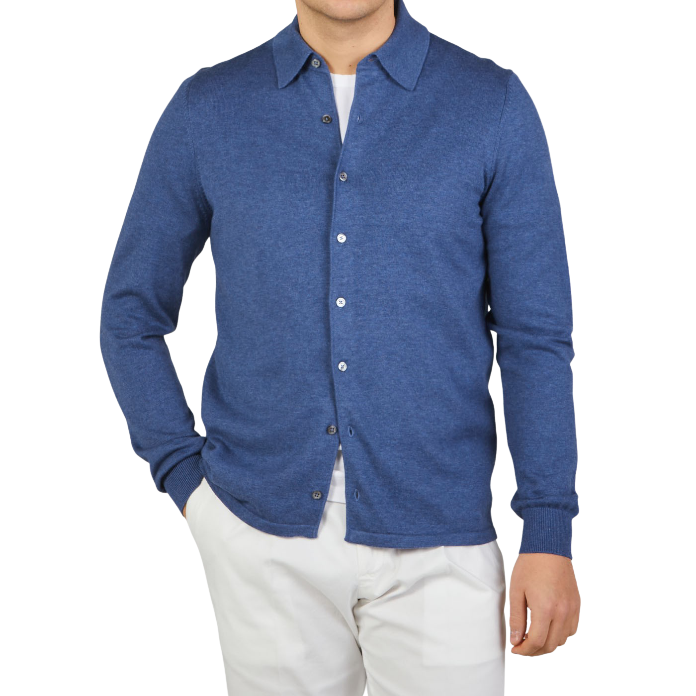 Alan Paine Indigo Blue Cotton Cashmere Knitted Shirt