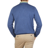 Alan Paine Indigo Blue Luxury Cotton V-Neck Sweater Back