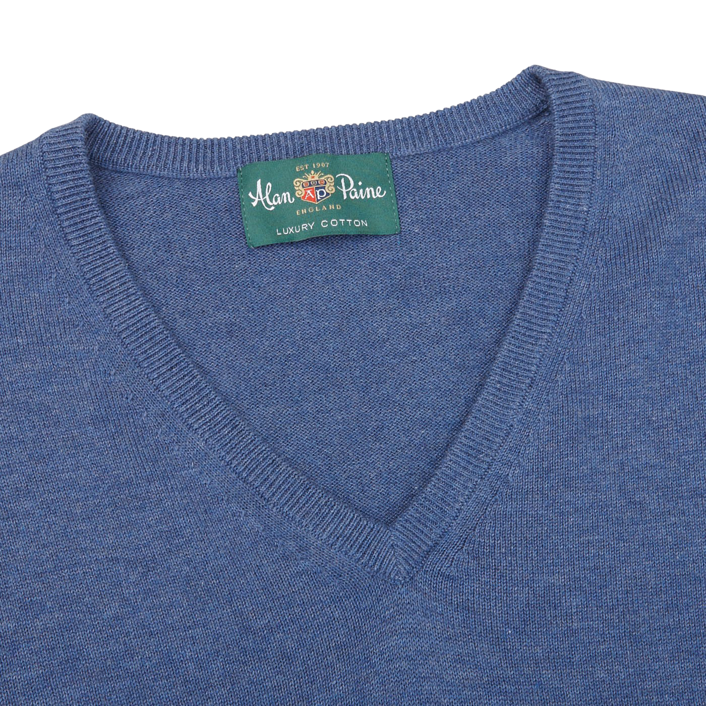 Alan Paine Indigo Blue Luxury Cotton V-Neck Sweater Collar