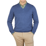 Alan Paine Indigo Blue Luxury Cotton V-Neck Sweater Front
