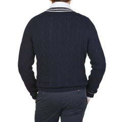 Alan Paine Navy Blue Cotton Cricket V-Neck Sweater Back