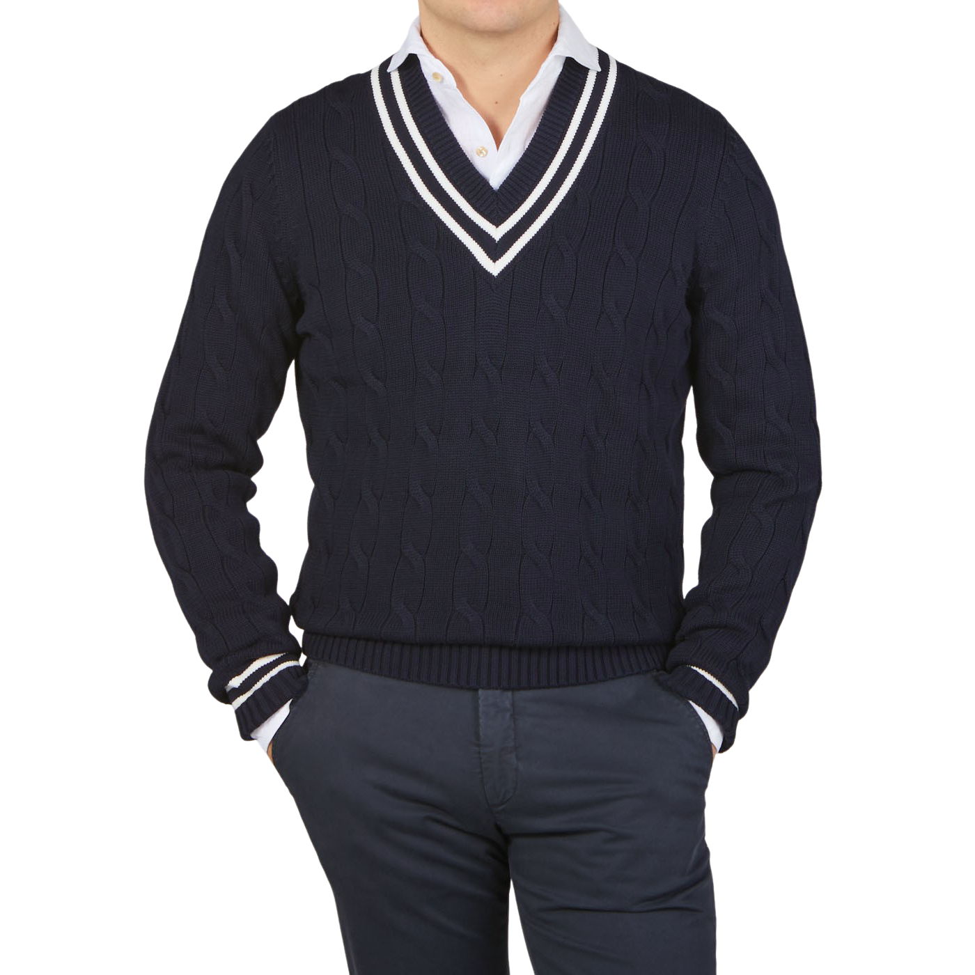 Alan Paine Navy Blue Cotton Cricket V-Neck Sweater Front