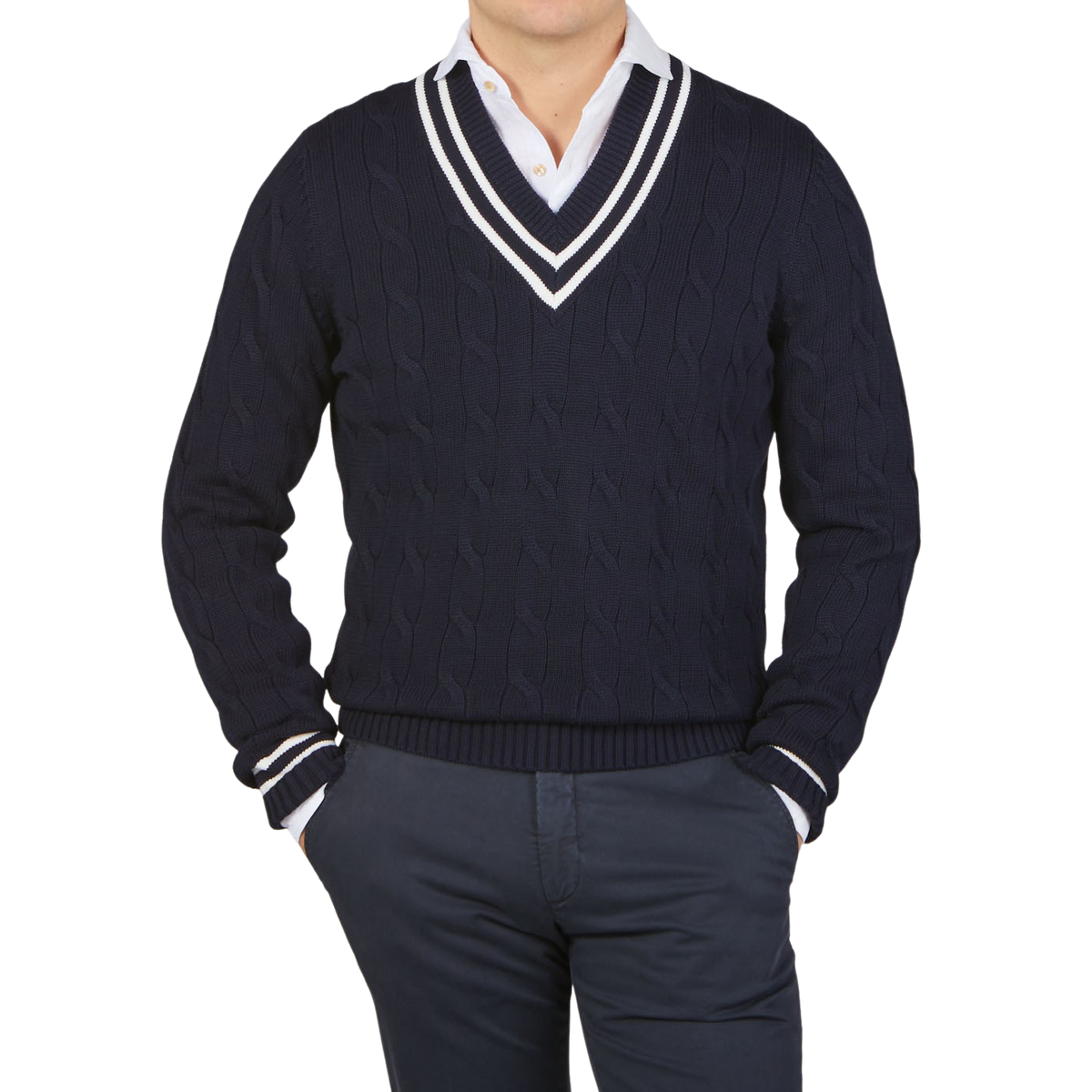 Alan Paine Navy Blue Cotton Cricket V-Neck Sweater Front