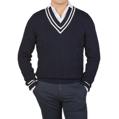 Alan Paine Navy Blue Cotton Cricket V-Neck Sweater Front