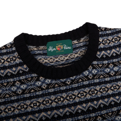 Alan Paine Navy Towthorpe Fairisle Lambswool Crew Neck Collar