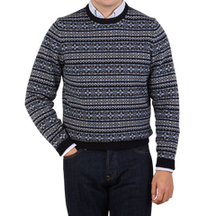 Alan Paine Navy Towthorpe Fairisle Lambswool Crew Neck Front