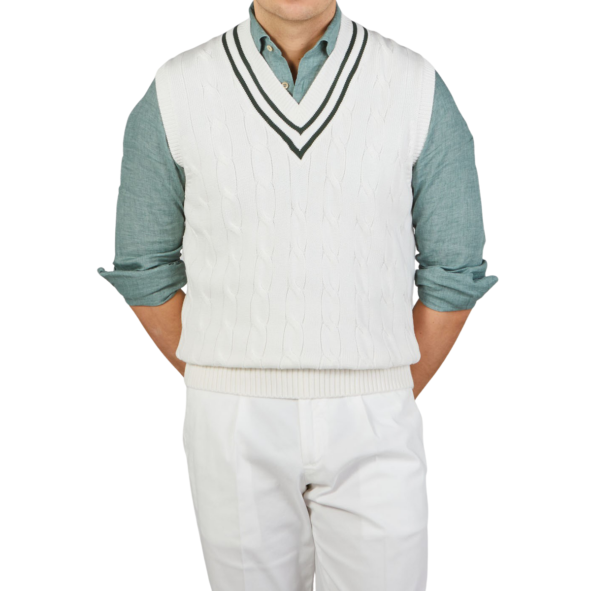 Alan Paine Off-White Cotton Cricket V-Neck Slipover Front