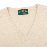 Alan Paine Sand Beige Luxury Cotton V-Neck Sweater Collar