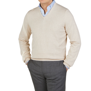 Alan Paine Sand Beige Luxury Cotton V-Neck Sweater Front