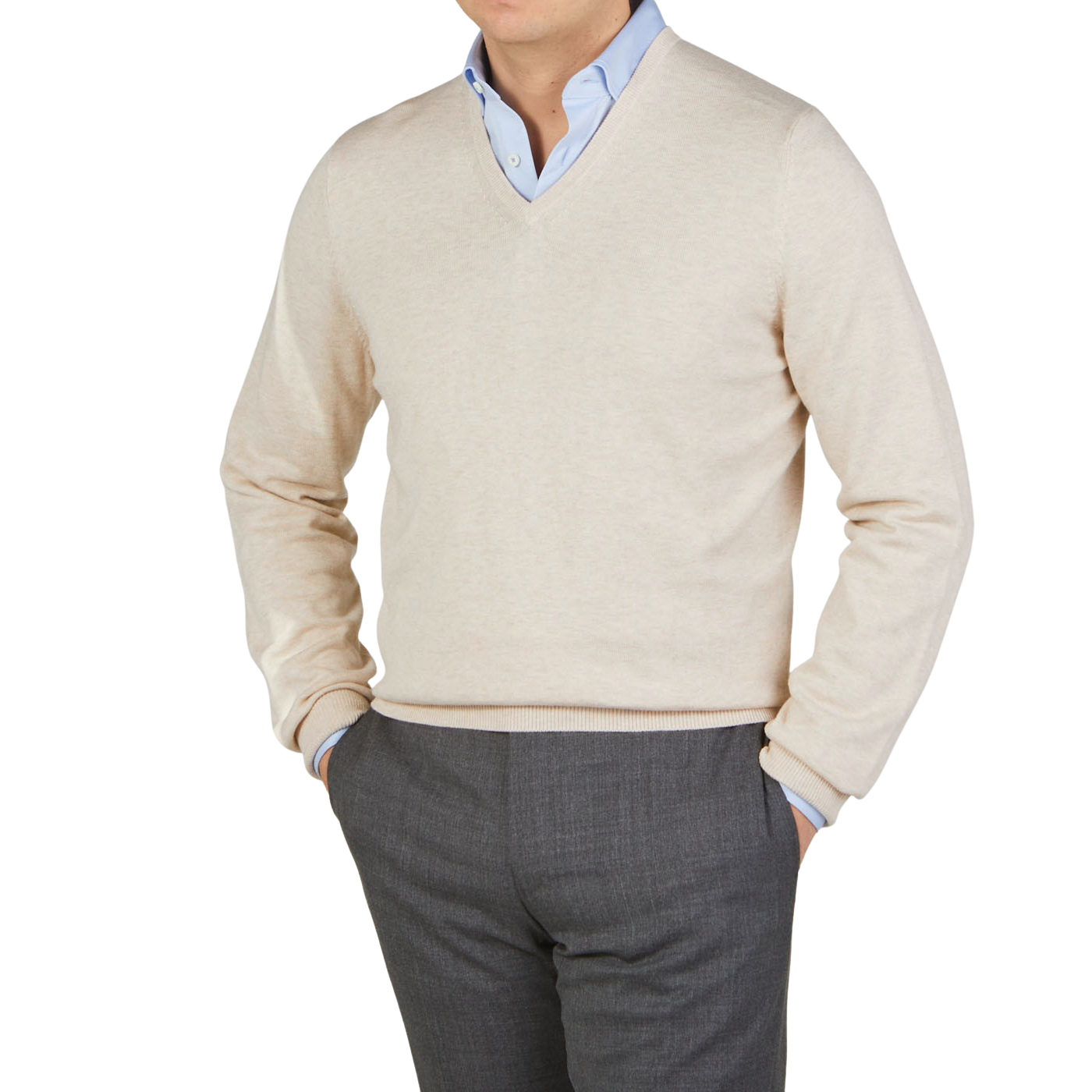 Alan Paine Sand Beige Luxury Cotton V-Neck Sweater Front
