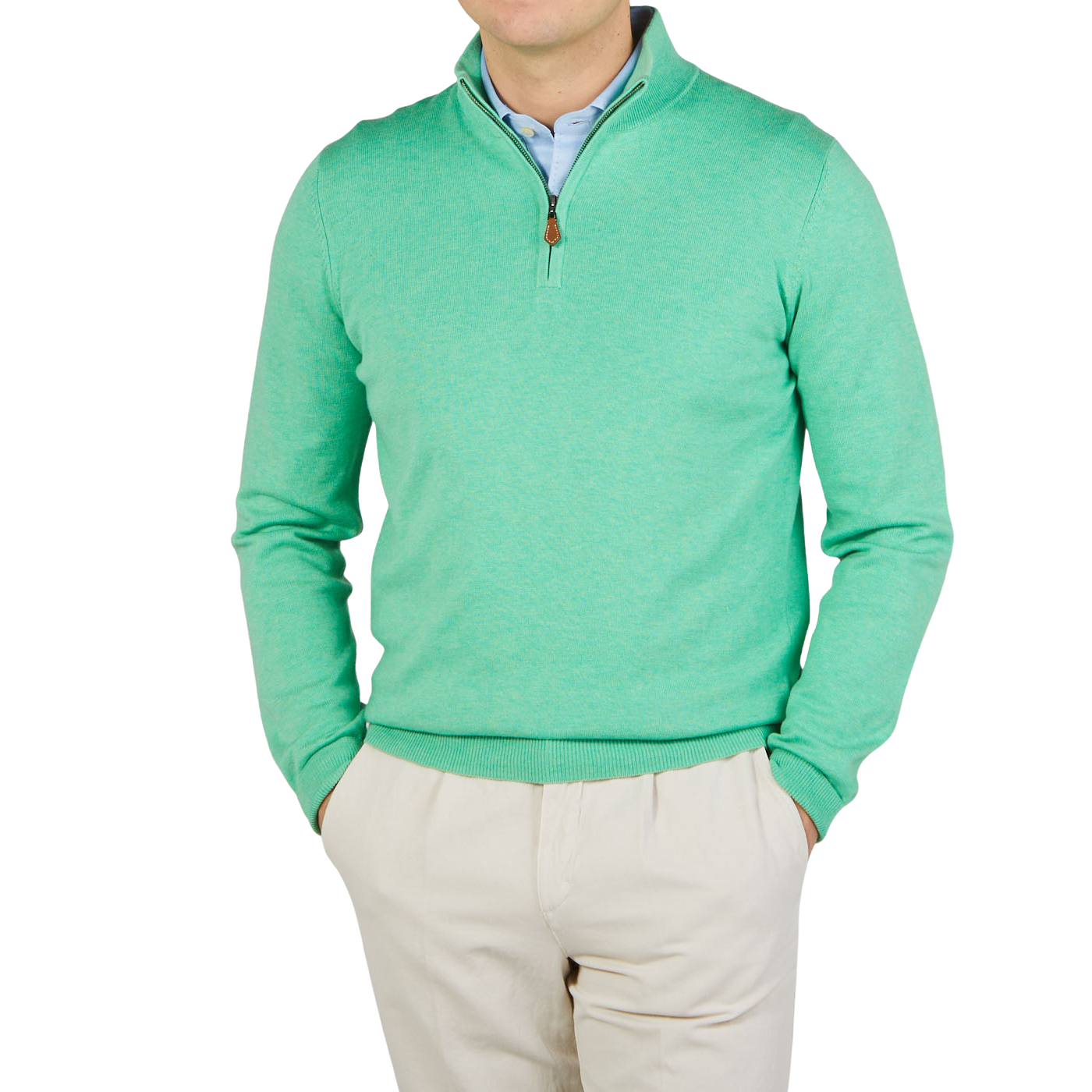 Alan Paine Spearmint Luxury Cotton 1:4 Zip Sweater Front