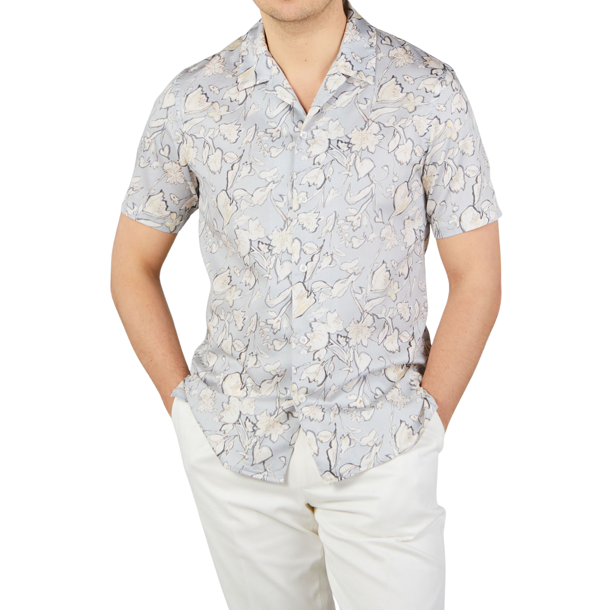 Altea Light Grey Flower Printed Cotton Shirt Front