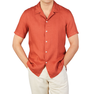 Altea Muted Orange Linen Short Sleeve Shirt Front