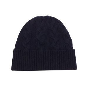 Amanda Christensen Navy Cable Knitted Cashmere Beanie Feature