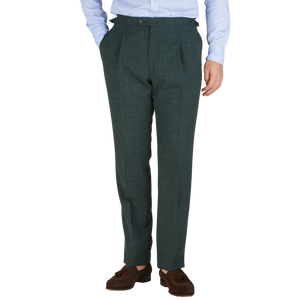 Baltzar Sartorial Green Melange Wool Linen Pleated Trousers Front