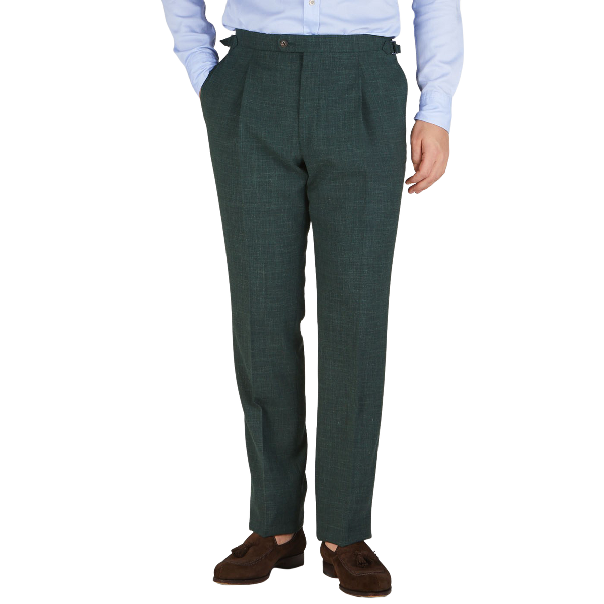 Baltzar Sartorial Green Melange Wool Linen Pleated Trousers Front