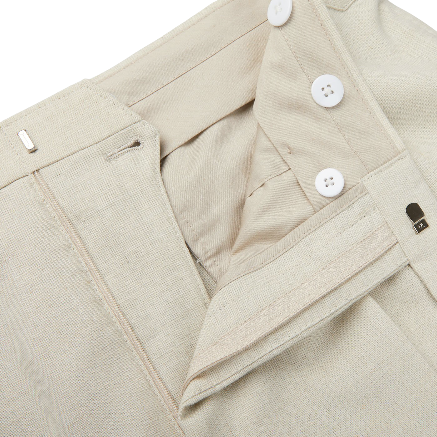 Baltzar Sartorial Light Beige Wool Linen Pleated Trousers Zipper1