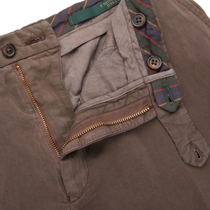 Berwich Brown Linen Blend Flat Front Trousers Zipper