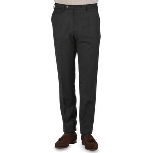 Berwich Charcoal Grey Wool Flannel Flat Front Trousers Front