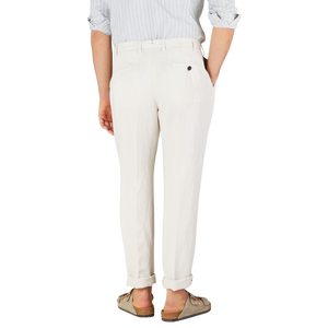 Berwich Cream Linen Blend Flat Front Trousers Back