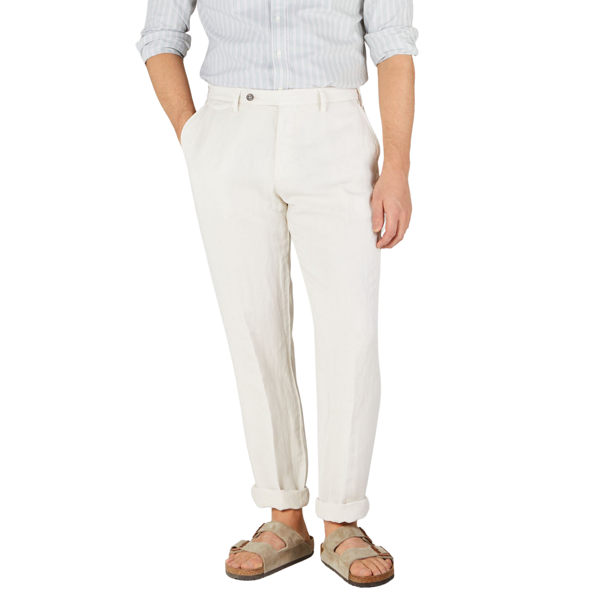Berwich Cream Linen Blend Flat Front Trousers Front