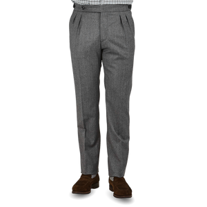 Berwich Grey Wool Flannel Pleated Trousers Front 1