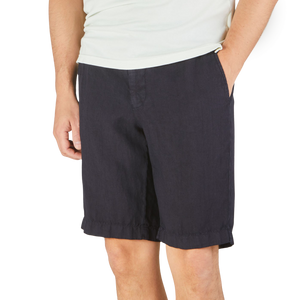 Berwich Navy Blue Washed Linen Drawstring Shorts Front
