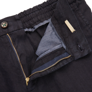 Berwich Navy Blue Washed Linen Drawstring Shorts Zipper