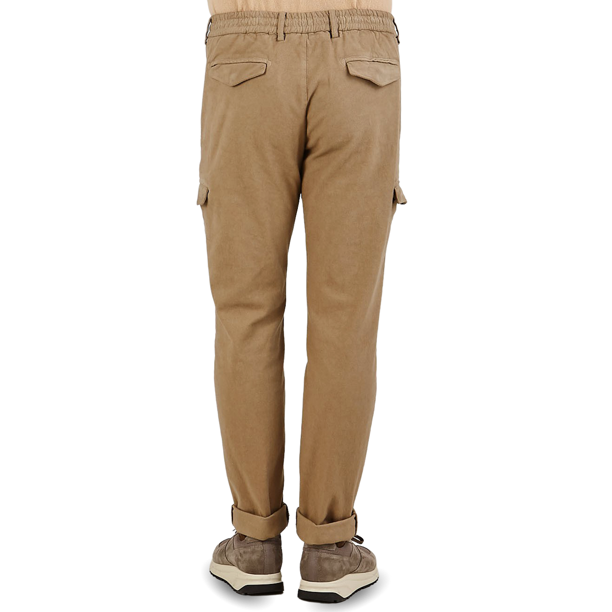 Berwich Washed Beige Cotton Stretch Cargo Trousers Back