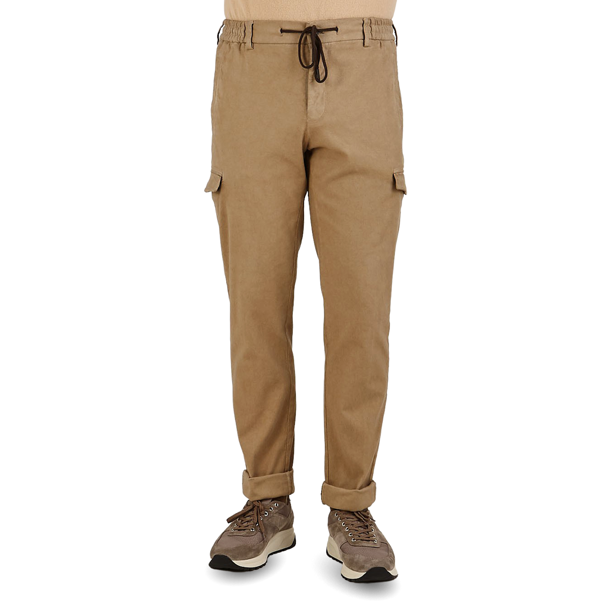 Berwich Washed Beige Cotton Stretch Cargo Trousers Front