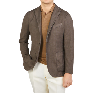 Boglioli Brown Herringbone Cotton Linen K-Jacket Front