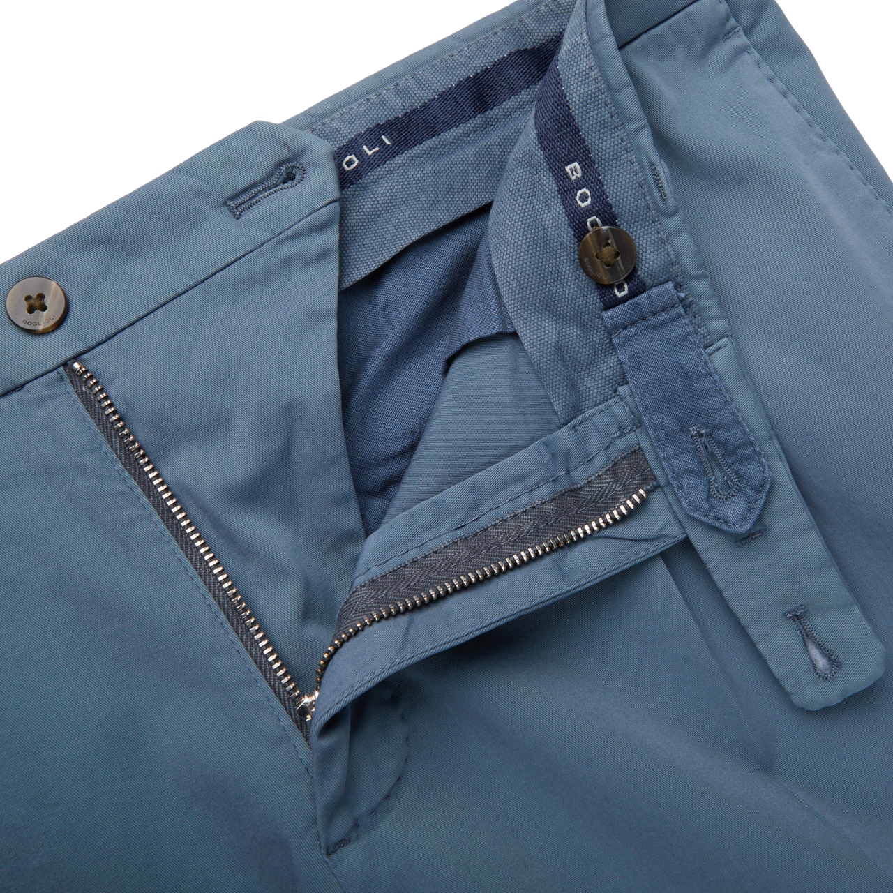 Boglioli Indigo Blue Cotton Stretch One Pleat Trousers Zipper