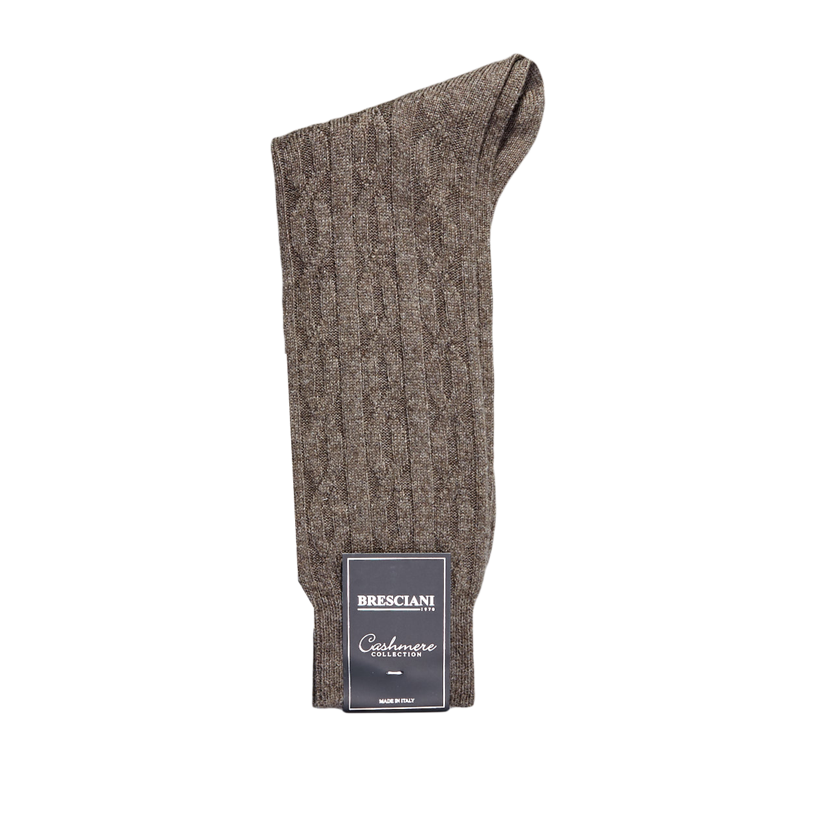 A pair of Brown Cable Knitted Cashmere Socks by Bresciani with a tag on it.