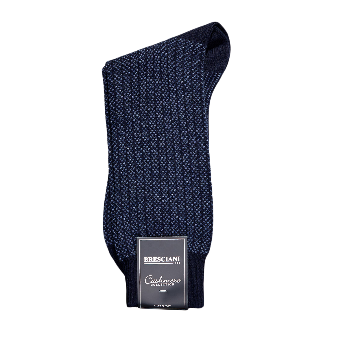 A comfortable Navy Blue Structured Cashmere Sock with a tag on it, made by Bresciani.