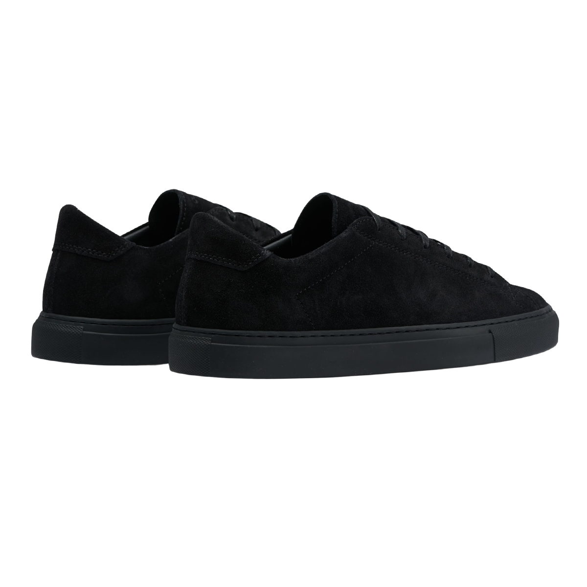 A pair of All Black Suede Racquet Sr sneakers by CQP with rubber sole on a white background.