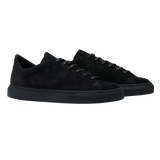 CQP's All Black Suede Racquet Sr Sneakers with arch support and stability on a white background.