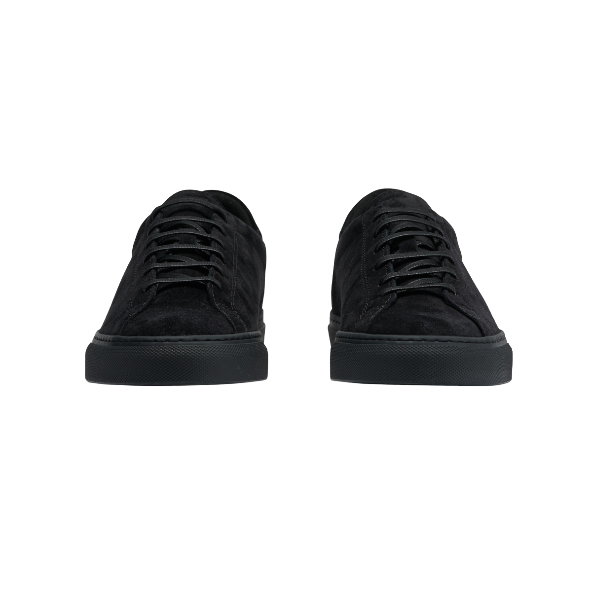 A pair of handmade All Black Suede Racquet Sr sneakers by CQP on a white background.